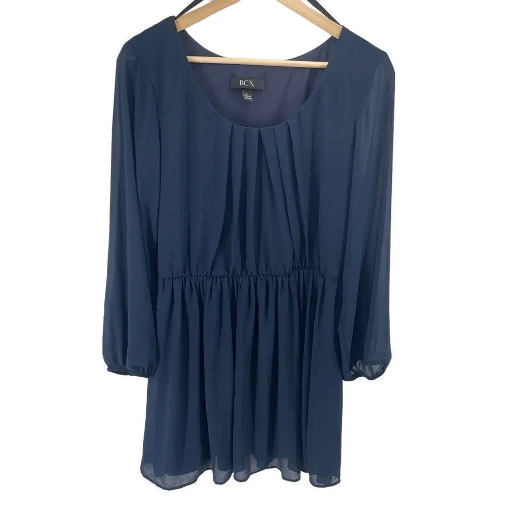 BCX Womens Long Sleeve Dress Pleated Mini Lined Chiffon Navy Blue Large